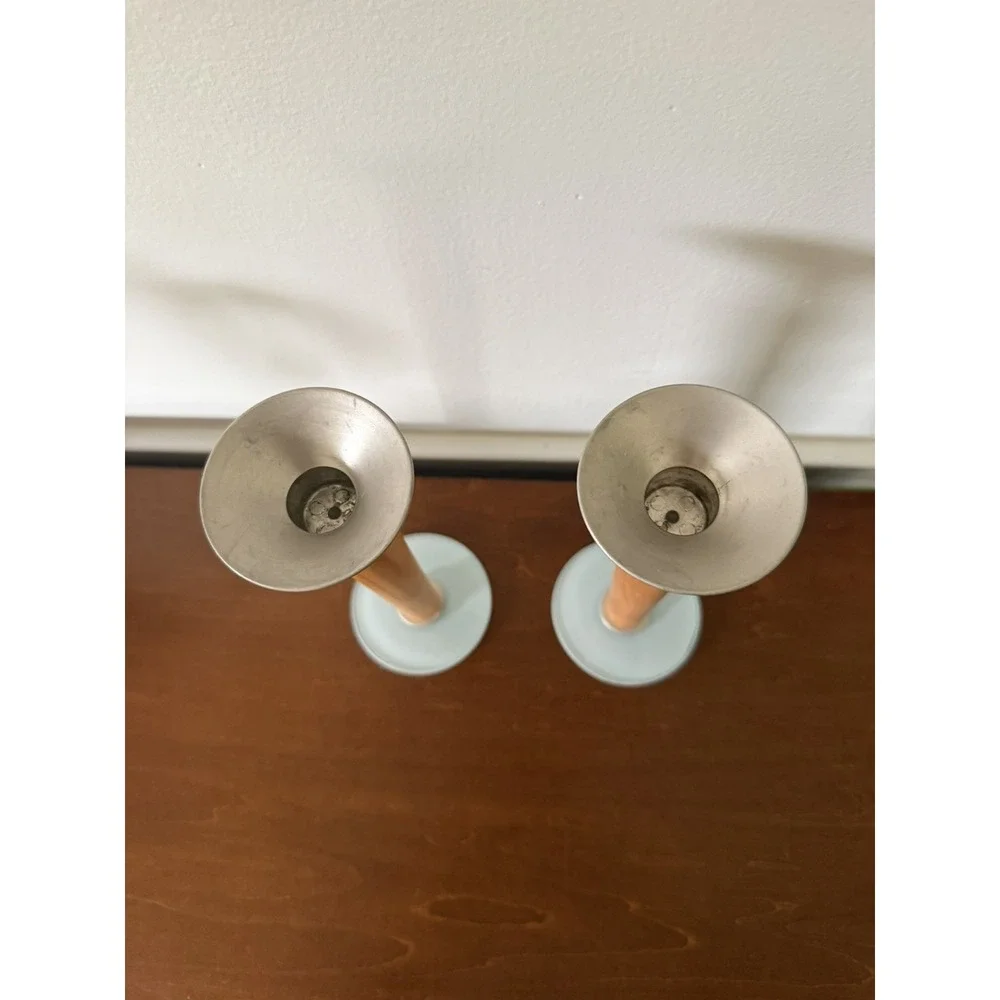 Mid Century Modern Danish Teak Wood Frosted Glass Candlesticks MCM Set of 2